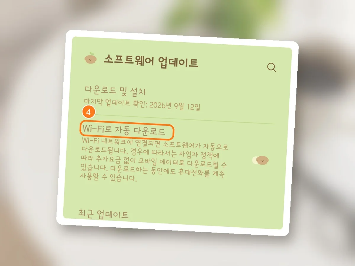 소프트웨어 업데이트 화면, Wi-Fi로 자동 다운로드에 주황 테두리