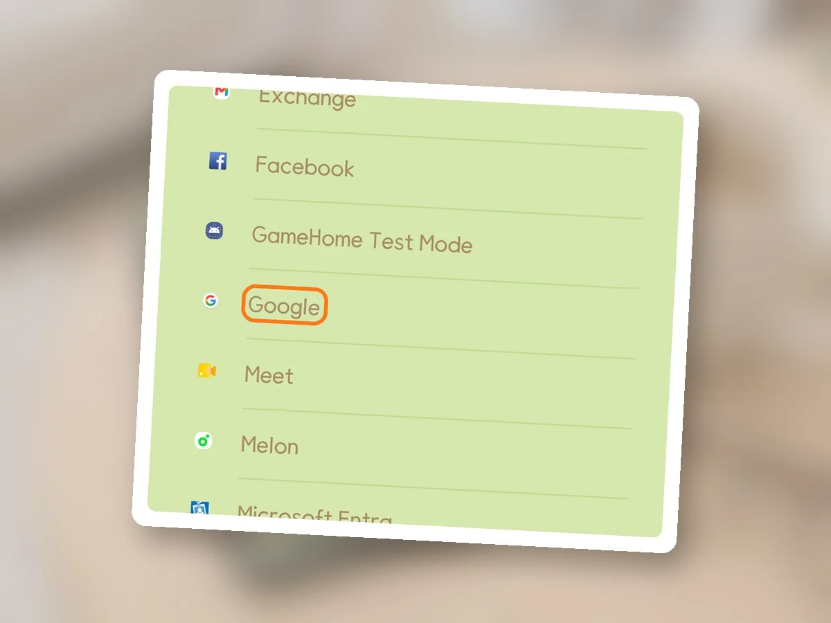 계정 추가 목록 화면, Google 줄에 주황 테두리