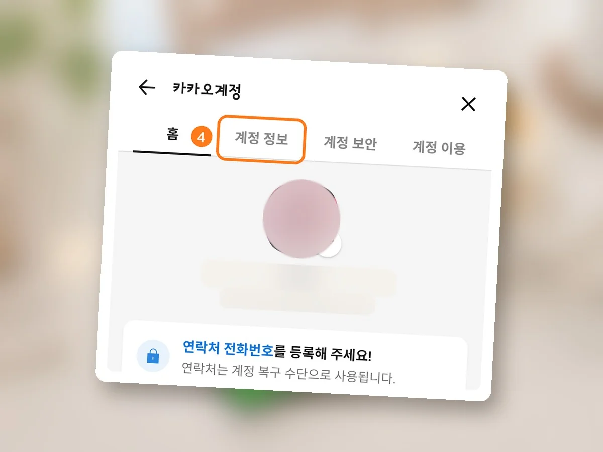 카카오계정 화면 위쪽 탭, 계정 정보에 주황 테두리와 4번