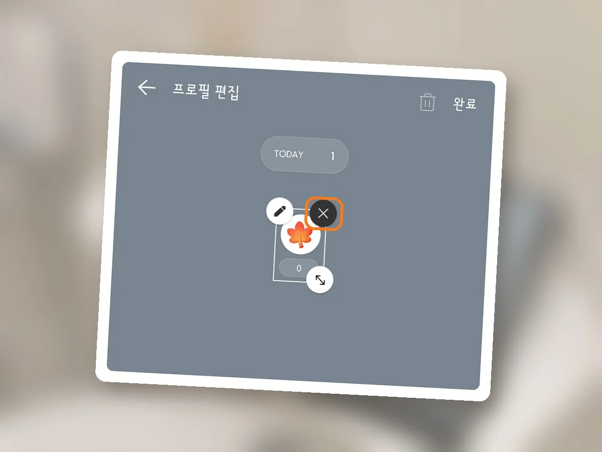 붙은 단풍잎 스티커 오른쪽 위 X 단추에 주황 테두리