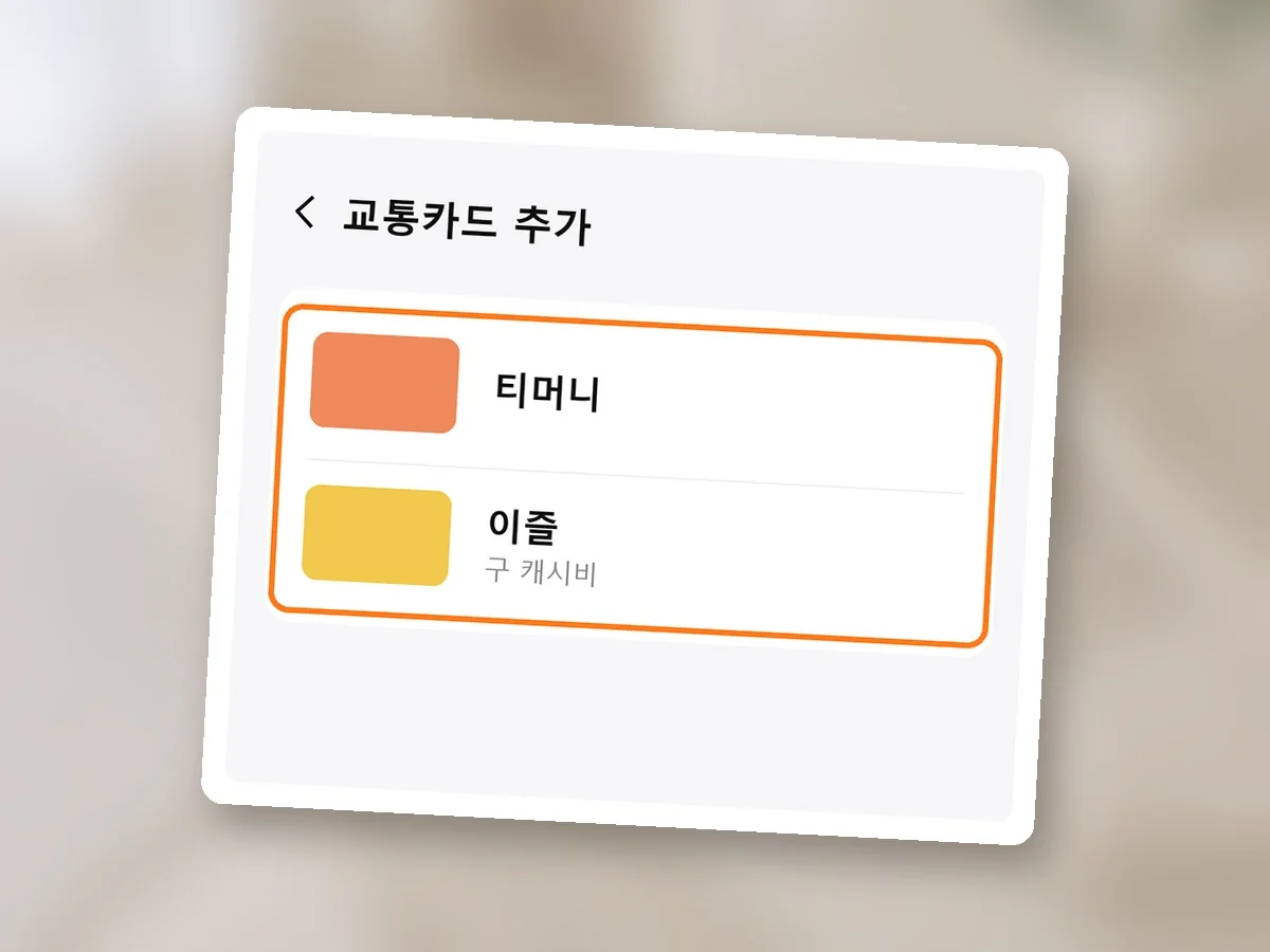 교통카드 추가 화면을 그린 화면, 티머니와 이즐(구 캐시비) 줄에 주황 테두리