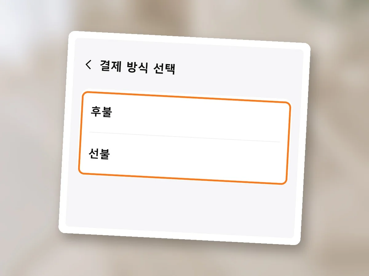 결제 방식 선택 화면을 그린 화면, 후불과 선불 두 줄에 주황 테두리